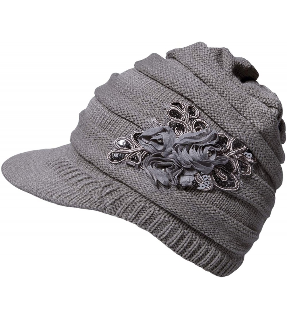Skullies & Beanies Womens Hats Winter Beanie with Brim Warm Cable Knit Newsboy Cap Visor with Sequined Flower - B-grey - CE18...