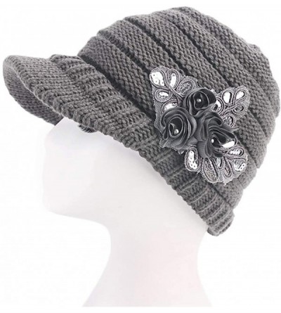 Skullies & Beanies Womens Hats Winter Beanie with Brim Warm Cable Knit Newsboy Cap Visor with Sequined Flower - B-grey - CE18...