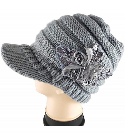 Skullies & Beanies Womens Hats Winter Beanie with Brim Warm Cable Knit Newsboy Cap Visor with Sequined Flower - B-grey - CE18...