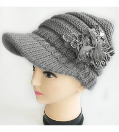 Skullies & Beanies Womens Hats Winter Beanie with Brim Warm Cable Knit Newsboy Cap Visor with Sequined Flower - B-grey - CE18...