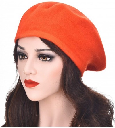 Berets Wool French Beret Hat Solid Color Beret Cap for Women Girls - Orange Red - CQ192ORH2LM $13.40