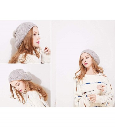 Skullies & Beanies Winter Women Knitted Wool Beret Hat with Fur Pom Pom Solid Cap Crochet Beanie with Fuzzy Ball Top - Grey -...