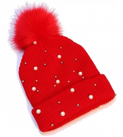Skullies & Beanies Knitted Hats Beanie Hat Beading Beanie Warm Soft Casual Beanies Hats with Pompom - Red - CA1920QS27A $25.46