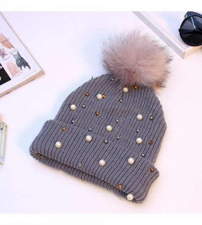 Skullies & Beanies Knitted Hats Beanie Hat Beading Beanie Warm Soft Casual Beanies Hats with Pompom - Red - CA1920QS27A $25.46