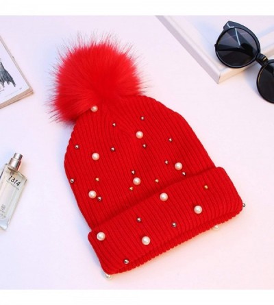 Skullies & Beanies Knitted Hats Beanie Hat Beading Beanie Warm Soft Casual Beanies Hats with Pompom - Red - CA1920QS27A $25.46