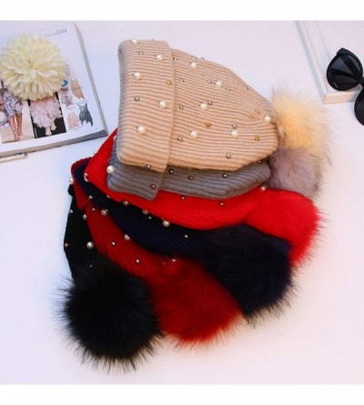 Skullies & Beanies Knitted Hats Beanie Hat Beading Beanie Warm Soft Casual Beanies Hats with Pompom - Red - CA1920QS27A $25.46