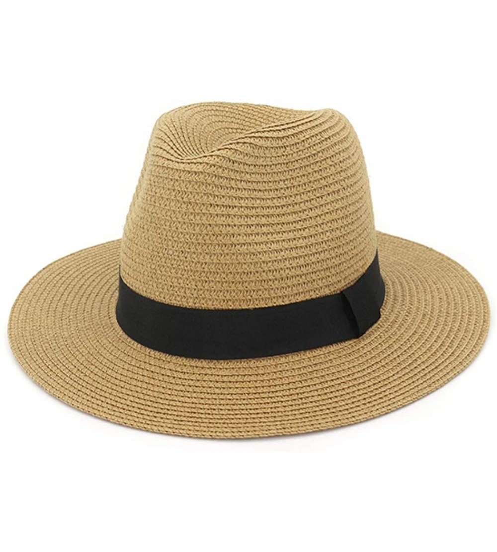 Sun Hats Man and Woman's Wide Brim Straw Panama Hat Fedora Beach Sun Hat with Band - Aa Khaki - CP198DN0UYK $13.66