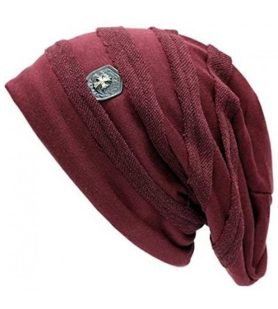 Skullies & Beanies Vintage Horizontal Long Slouchy Baggy Beanie Cross Badge Lined Winter Hat - Burgundy - CP126ILSSW3 $10.71