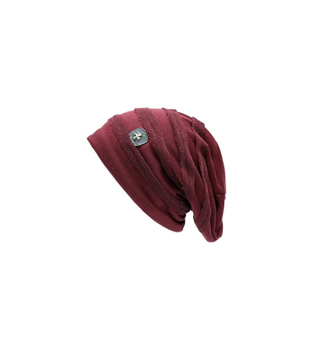 Skullies & Beanies Vintage Horizontal Long Slouchy Baggy Beanie Cross Badge Lined Winter Hat - Burgundy - CP126ILSSW3 $10.71