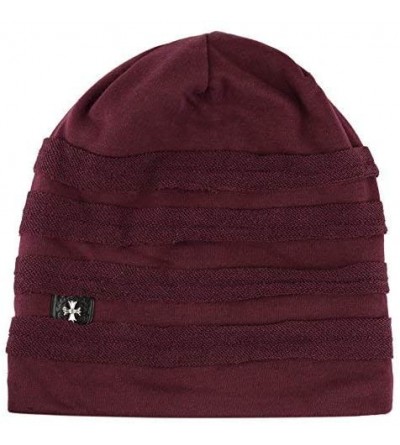 Skullies & Beanies Vintage Horizontal Long Slouchy Baggy Beanie Cross Badge Lined Winter Hat - Burgundy - CP126ILSSW3 $10.71