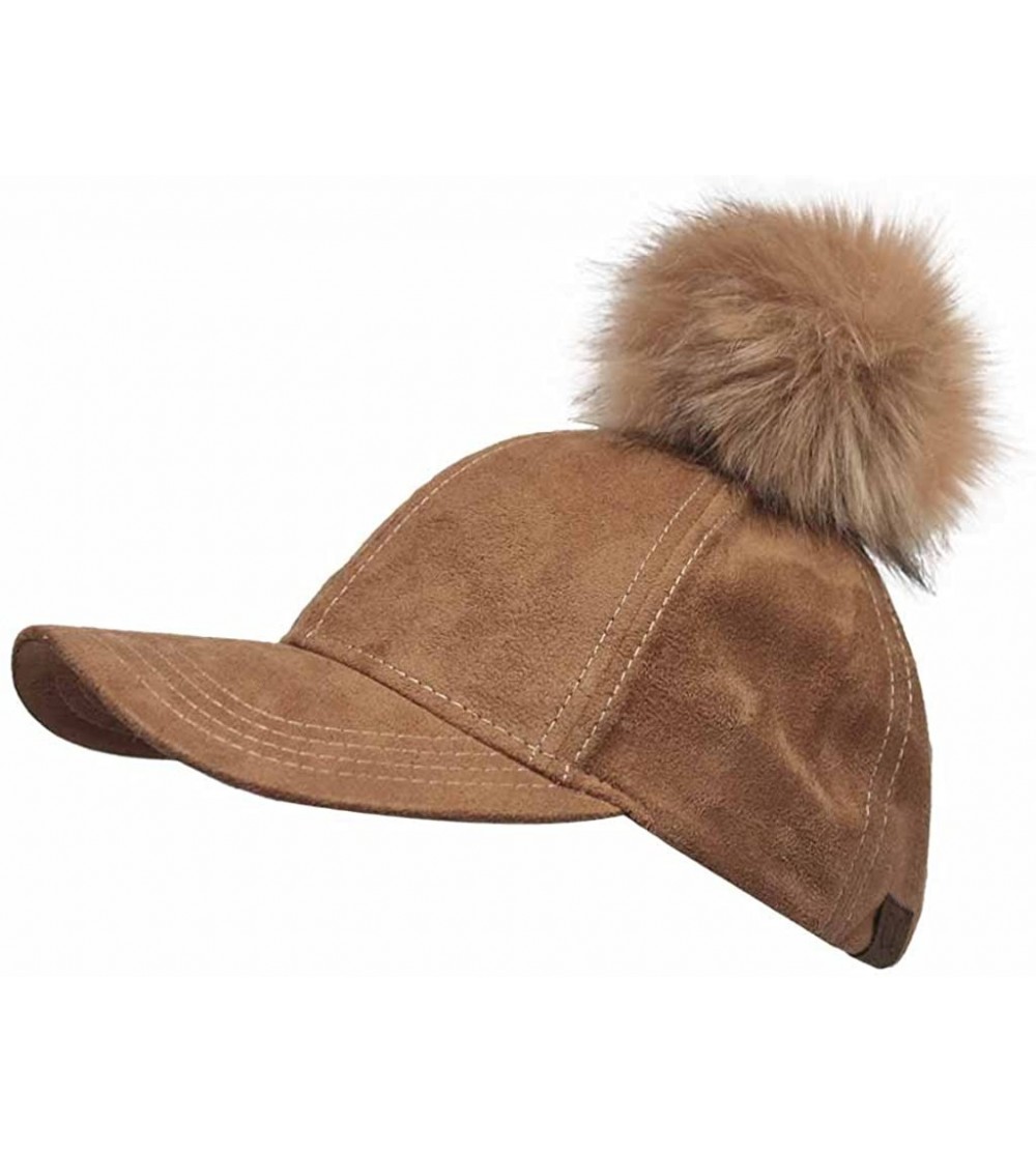 Baseball Caps Suede Removable Fur Pom Pom Baseball Cap - Camel - C912LHKBQSX $11.39