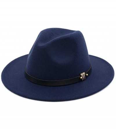 Fedoras Men's Woolen Wide Brim Fedora Hats Classic Vintage Fashion Trilby Hat Jazz Cap with Black Leather Belt - Navy - CM18R...