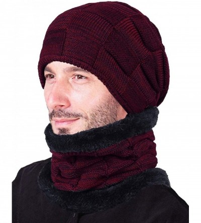 Skullies & Beanies Winter Beanie Hat Scarf Set Warm Thick Knit Hat Skull Cap for Men Women - Red - CM18M7DY5L8 $11.43