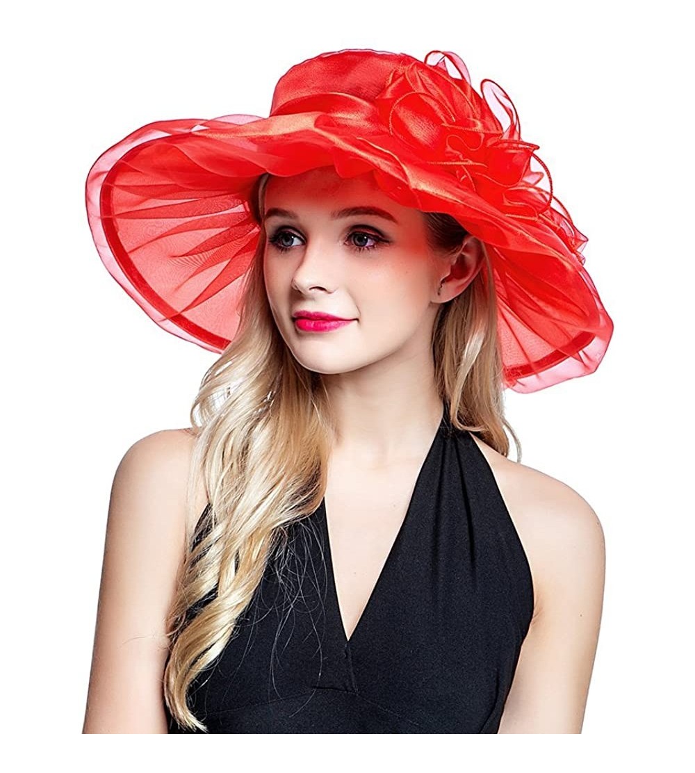 Sun Hats Ladies Organza Summer Sun Hat Party Beach Church Horse Race Cocktail Wedding Hat - Red - C517YX50H8U $22.47