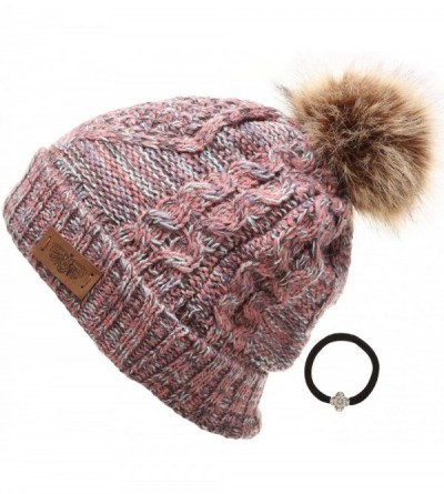 Skullies & Beanies Women's Winter Fleece Lined Cable Knitted Pom Pom Beanie Hat with Hair Tie. - Multi Mint - CR18LXHKSRS $26.53