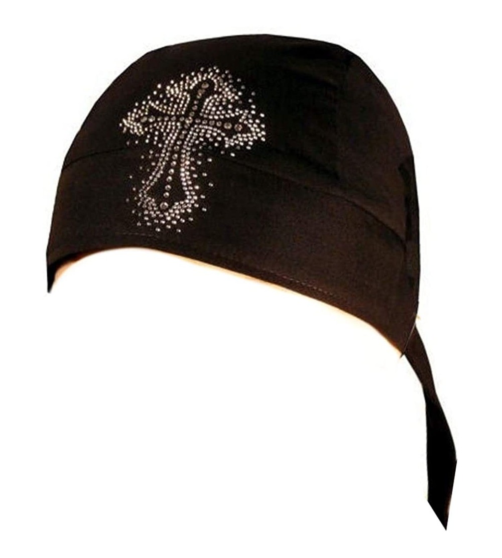 Skullies & Beanies Rhinestone/Stud Skull Cap - Biker Caps Glittered Cross on Black Headwraps - C912ELHOBQX $12.62