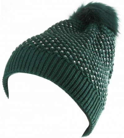 Skullies & Beanies Snuggly Knit Winter Beanie with Pom Pom Embellished with Clear Rhinestones - Green - CZ18K5A6SAX $31.05