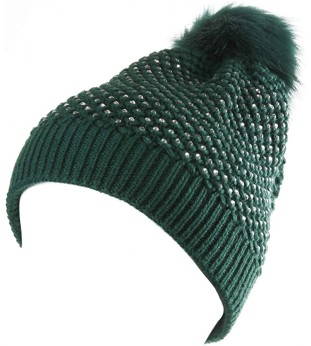 Skullies & Beanies Snuggly Knit Winter Beanie with Pom Pom Embellished with Clear Rhinestones - Green - CZ18K5A6SAX $15.33
