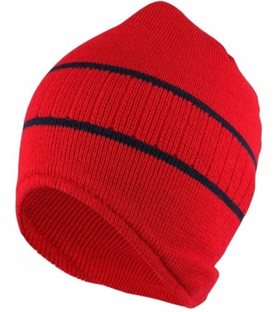 Skullies & Beanies Double Striped Acrylic Knit Warm Winter Beanie Cap - Red Navy - CB18630AZM3 $15.21