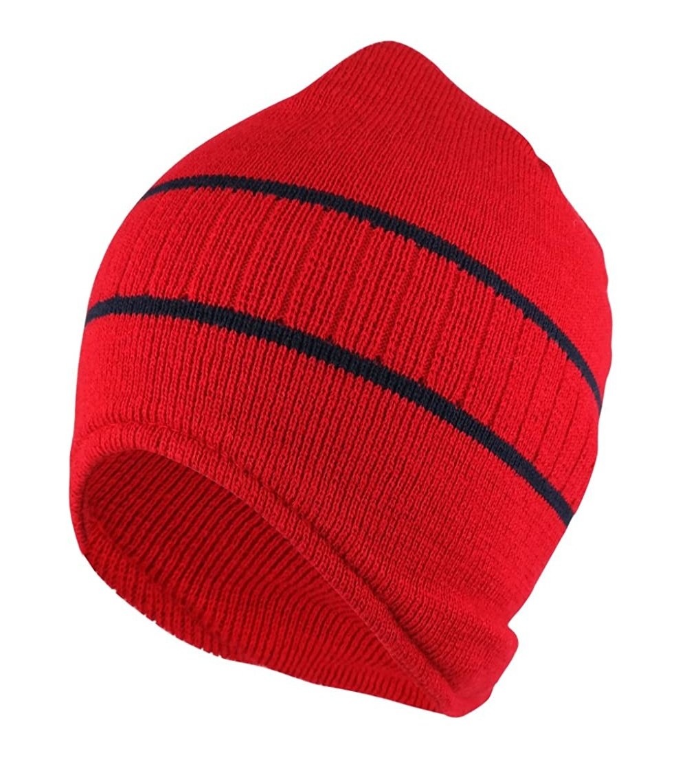 Skullies & Beanies Double Striped Acrylic Knit Warm Winter Beanie Cap - Red Navy - CB18630AZM3 $15.21
