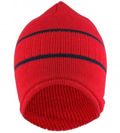 Skullies & Beanies Double Striped Acrylic Knit Warm Winter Beanie Cap - Red Navy - CB18630AZM3 $15.21