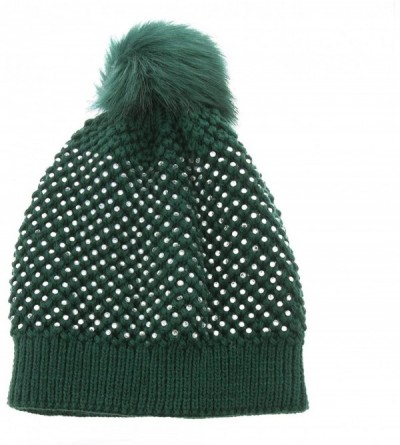 Skullies & Beanies Snuggly Knit Winter Beanie with Pom Pom Embellished with Clear Rhinestones - Green - CZ18K5A6SAX $15.33