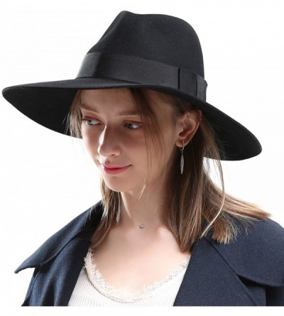 Fedoras Womens Felt Fedora Hat-100% Australian Wool Girl's Wide Brim Vintage Panama Derby Hats - Black - C31944OMZWR $50.43