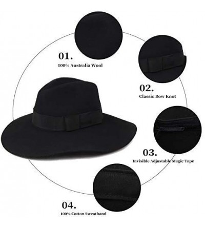 Fedoras Womens Felt Fedora Hat-100% Australian Wool Girl's Wide Brim Vintage Panama Derby Hats - Black - C31944OMZWR $29.01