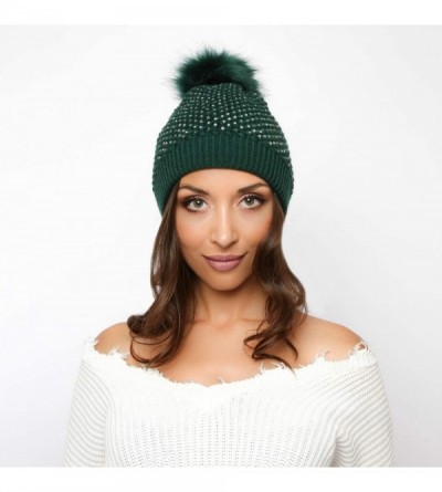 Skullies & Beanies Snuggly Knit Winter Beanie with Pom Pom Embellished with Clear Rhinestones - Green - CZ18K5A6SAX $15.33