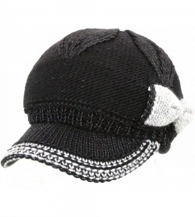 Skullies & Beanies Women's Chunky Knitted Metallic Thread Double Layer Visor Beanie Hats - Ribbon Black - CJ12CYEJ9LR $16.37