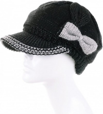 Skullies & Beanies Women's Chunky Knitted Metallic Thread Double Layer Visor Beanie Hats - Ribbon Black - CJ12CYEJ9LR $16.37