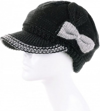 Skullies & Beanies Women's Chunky Knitted Metallic Thread Double Layer Visor Beanie Hats - Ribbon Black - CJ12CYEJ9LR $16.37
