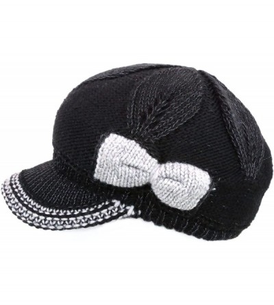 Skullies & Beanies Women's Chunky Knitted Metallic Thread Double Layer Visor Beanie Hats - Ribbon Black - CJ12CYEJ9LR $16.37