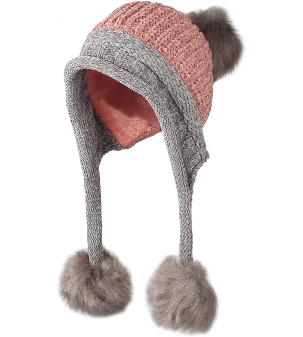 Skullies & Beanies Fleece Lining Thick Cable Knit Beanie Hat Pom Earflaps DZ70029 - Pink - C218L75T8ME $16.22