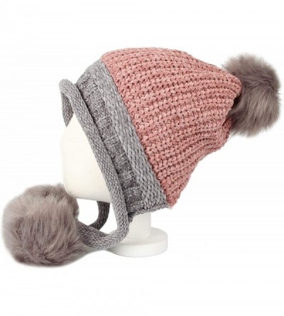 Skullies & Beanies Fleece Lining Thick Cable Knit Beanie Hat Pom Earflaps DZ70029 - Pink - C218L75T8ME $16.22