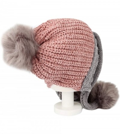 Skullies & Beanies Fleece Lining Thick Cable Knit Beanie Hat Pom Earflaps DZ70029 - Pink - C218L75T8ME $16.22