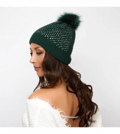 Skullies & Beanies Snuggly Knit Winter Beanie with Pom Pom Embellished with Clear Rhinestones - Green - CZ18K5A6SAX $15.33