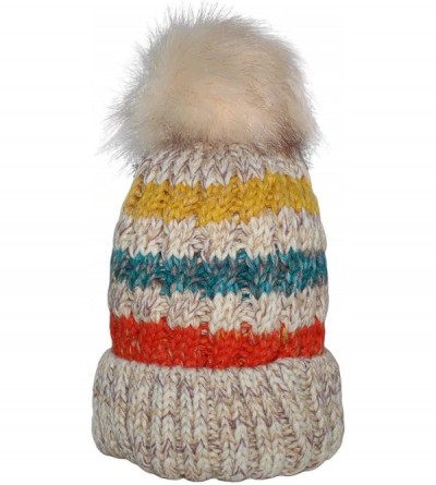 Skullies & Beanies Women Winter Knit Beanie Hat- PH Winter Soft Hat Thickened Windproof Cap- with Faux Fur Pompom - Beige - C...