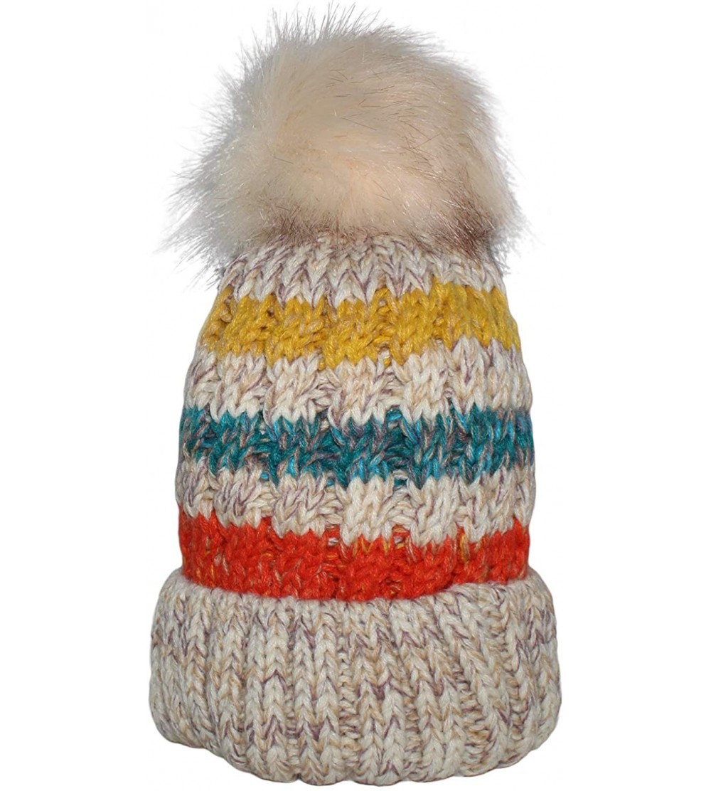 Skullies & Beanies Women Winter Knit Beanie Hat- PH Winter Soft Hat Thickened Windproof Cap- with Faux Fur Pompom - Beige - C...