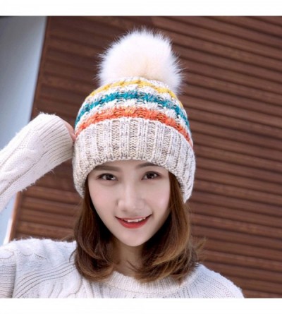 Skullies & Beanies Women Winter Knit Beanie Hat- PH Winter Soft Hat Thickened Windproof Cap- with Faux Fur Pompom - Beige - C...