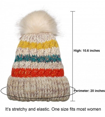 Skullies & Beanies Women Winter Knit Beanie Hat- PH Winter Soft Hat Thickened Windproof Cap- with Faux Fur Pompom - Beige - C...