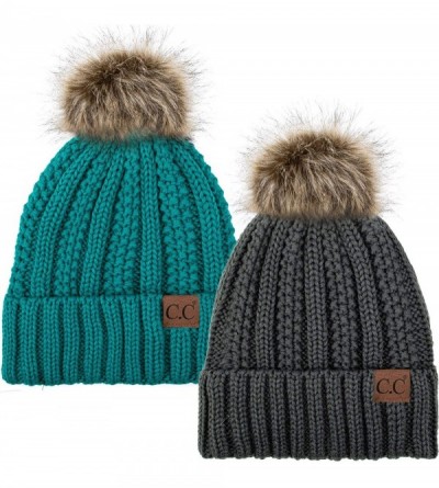 Skullies & Beanies Thick Cable Knit Hat Faux Fur Pom Fleece Lined Cap Cuff Beanie 2 Pack - Dk Melange/Teal - CX19252IAGY $47.64