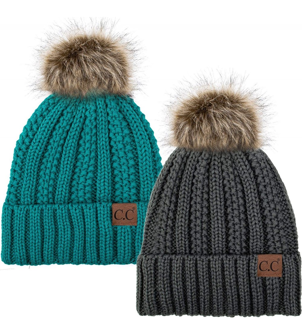 Skullies & Beanies Thick Cable Knit Hat Faux Fur Pom Fleece Lined Cap Cuff Beanie 2 Pack - Dk Melange/Teal - CX19252IAGY $23.82