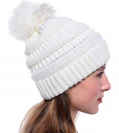 Skullies & Beanies Knit Beanie Skull Cap Thick Fleece Lined Soft & Warm Chunky Beanie Hats or Scarf for Women Daily - E - Whi...