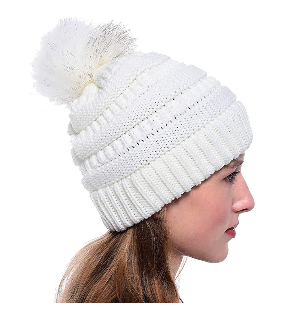 Skullies & Beanies Knit Beanie Skull Cap Thick Fleece Lined Soft & Warm Chunky Beanie Hats or Scarf for Women Daily - E - Whi...