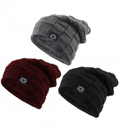 Skullies & Beanies Fleece Slouchy Beanie Hat Men Winter Knit Lined Caps Women Warm Thick Skullies - 3 Pack Black & Grey & Win...