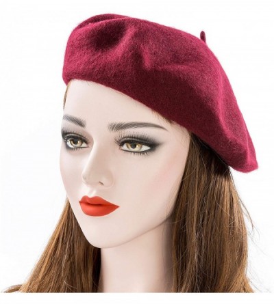 Berets Women Wool Beret Hat Solid Color French Style Warm Cap - Red Wine - C418LRXTGRD $10.71