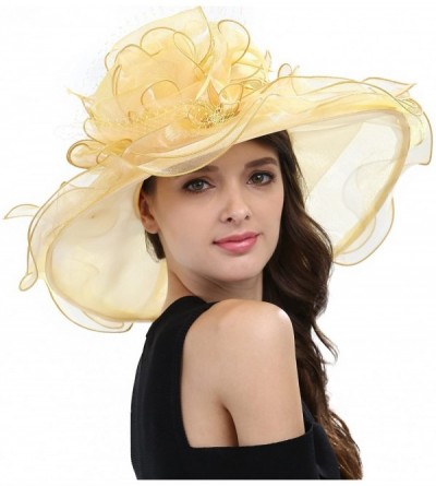 Sun Hats Women's Feathers Floral Fascinating Kentucky Church Wedding Party Floppy Hat - Yellow - CA17YRZ2QRM $45.62