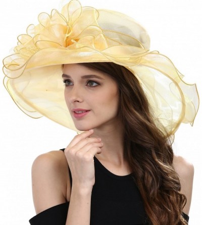 Sun Hats Women's Feathers Floral Fascinating Kentucky Church Wedding Party Floppy Hat - Yellow - CA17YRZ2QRM $27.61