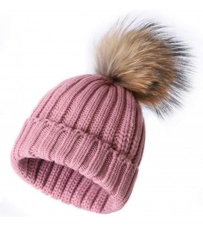 Skullies & Beanies Winter Knit Hat Real Fox/Raccoon Fur Pom Pom Womens Girls Knit Beanie Hat - Light Pink - CX18HTTYKUO $29.68